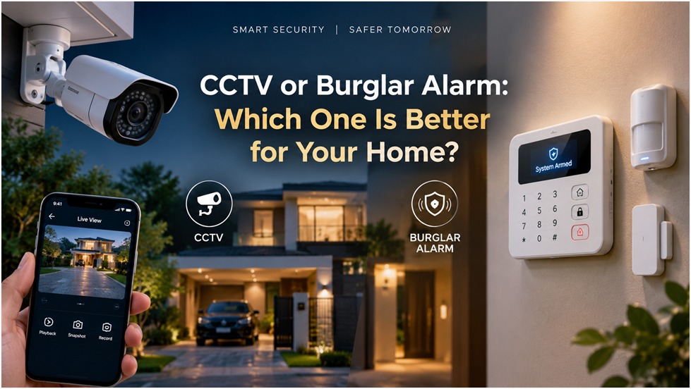 Combined CCTV camera and burglar alarm system installed outside an independent house