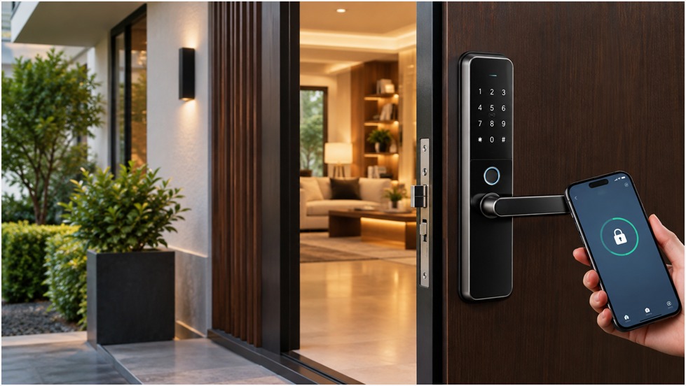 Person unlocking a front door using a fingerprint smart lock